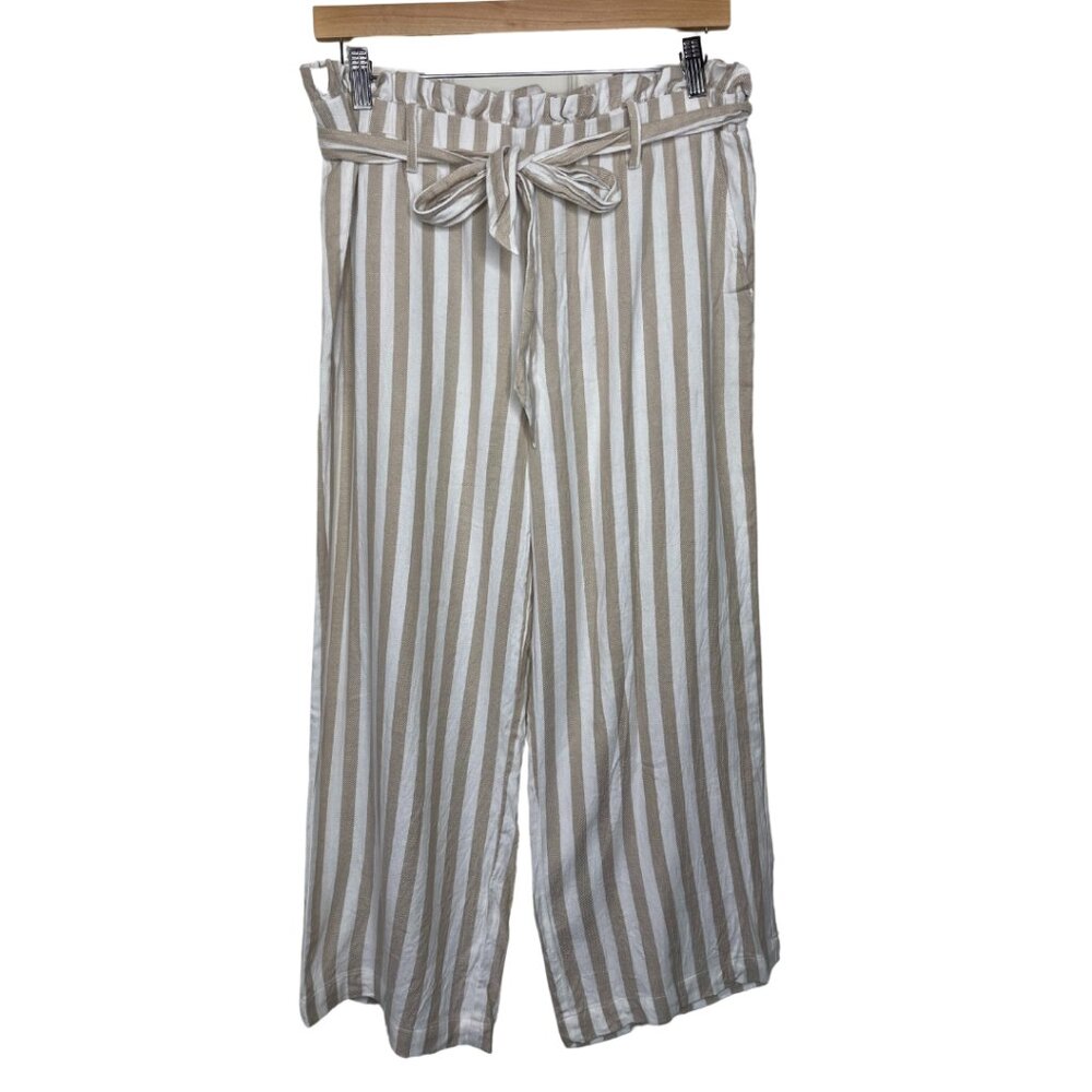 FEVER | Tan and White Striped Paperbag Cropped Pants | Size L